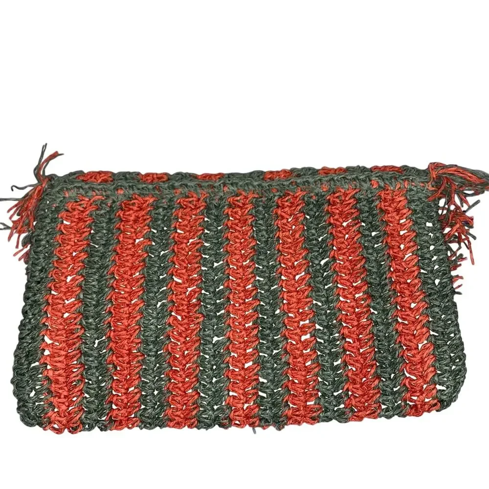 Universal Thread Crochet Fringe Clutch Boho Woven Foldover Bag Red Green‎